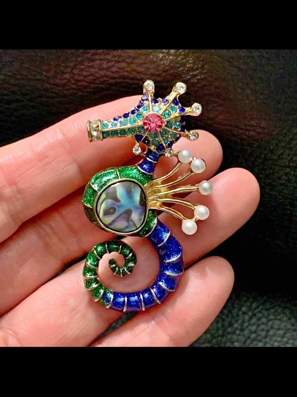 Green and Blue Seahorse Brooch with Abalone Center and Pearls